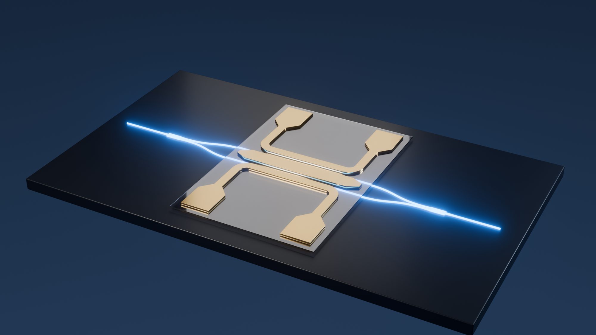 Render of a single photonic device with gold electrodes and a glowing blue waveguide